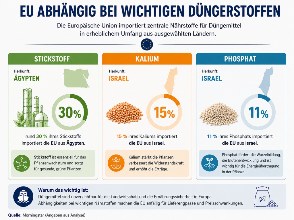 EU-Düngerimporte: Stickstoff aus Ägypten, Kalium und Phosphat aus Israel Infografik: Die EU importiert 30 % ihres Stickstoffs aus Ägypten sowie 15 % Kalium und 11 % Phosphat aus Israel.