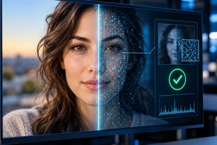 Google SynthID Detector analysiert ein digitales Porträt und macht unsichtbare KI-Wasserzeichen sichtbar.