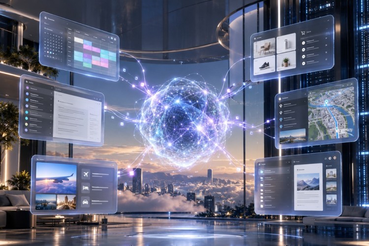 Fotorealistische Visualisierung eines KI-Agenten, der Kalender, E-Mails, Reisen, Einkäufe und digitale Aufgaben miteinander koordiniert.